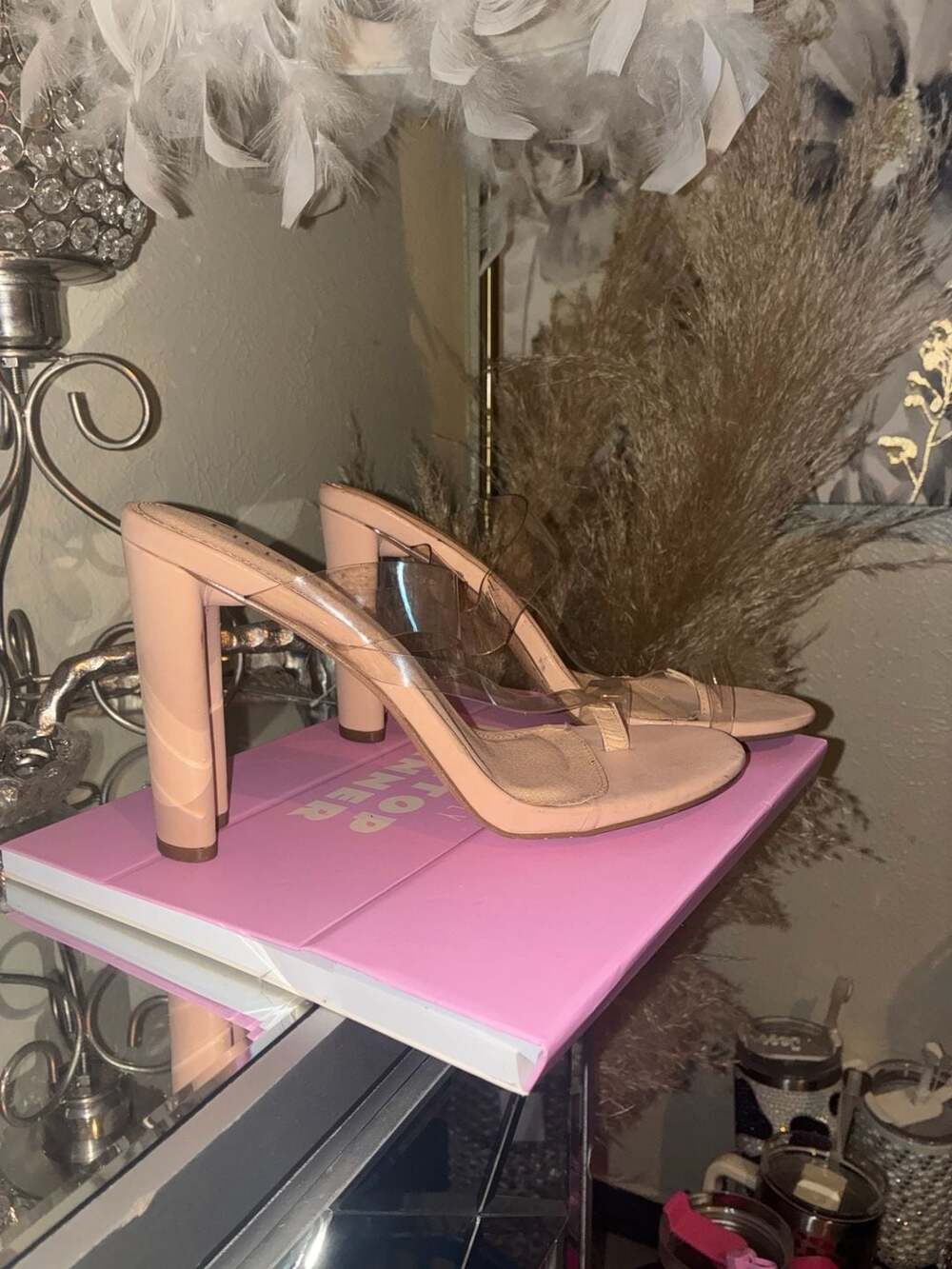 Liliana Nude Clear Strap High Heel Thong Sandals Mules